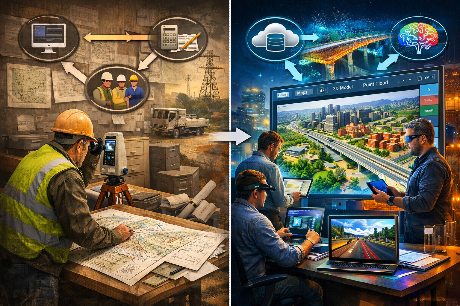 Landscape format (1536x1024) split-screen comparison showing traditional surveying workflow on left (paper maps, isolated data silos, manual