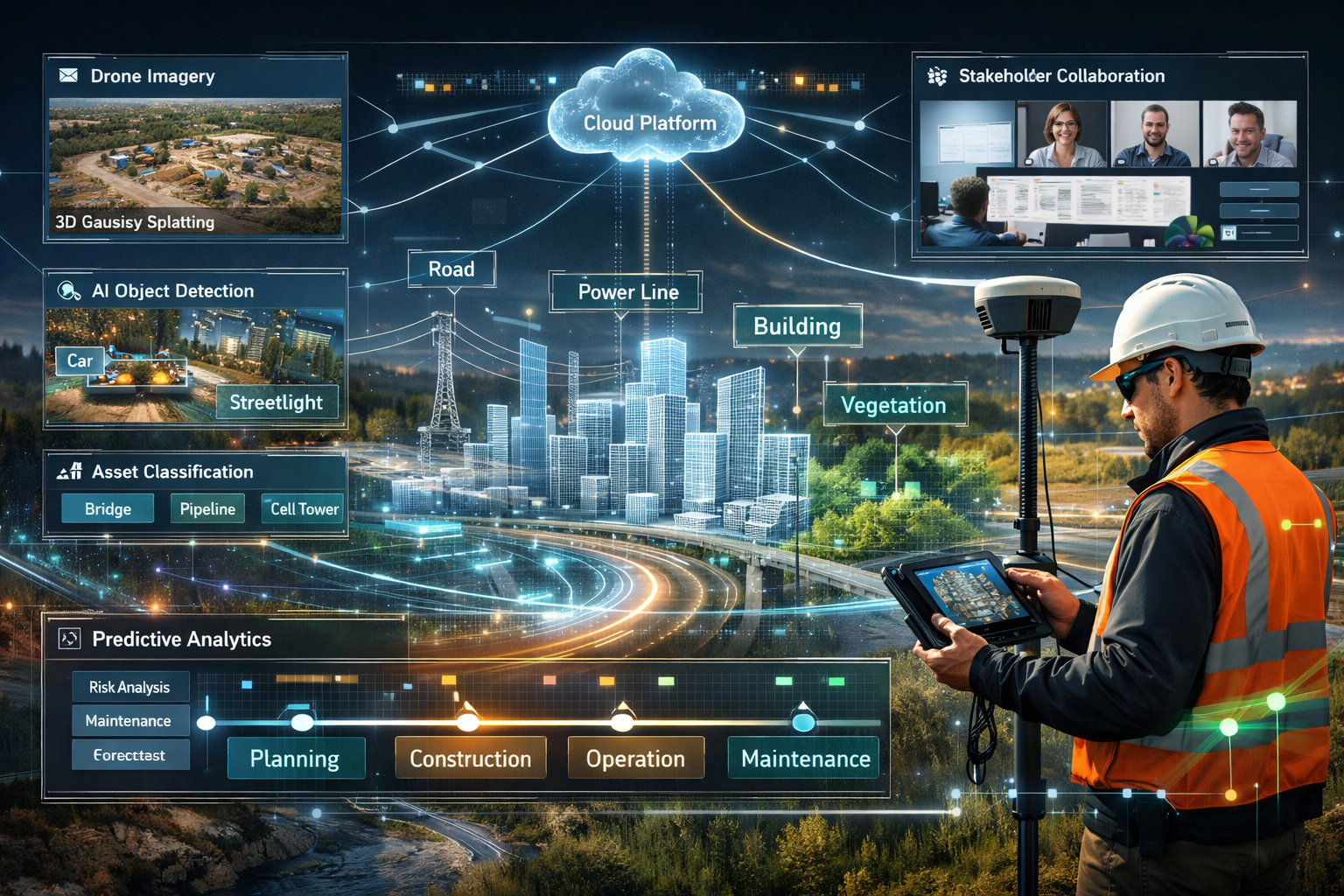Landscape format (1536x1024) futuristic visualization of integrated surveying ecosystem showing surveyor in field using mobile GIS device co