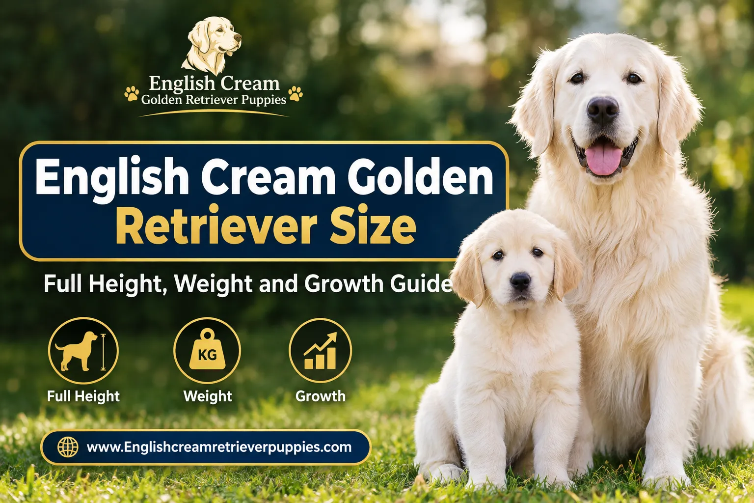 A reading "English Cream Golden Retriever Size". CRITICAL TYPOGRAPHY RULES: render the text on 1–2 lines, centered, with