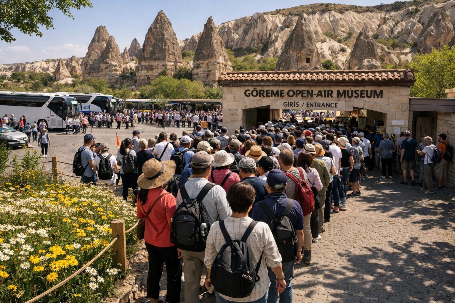 () editorial photograph showing the G&ouml;reme Open-Air Museum entrance packed with tour groups and visitors queuing in spring