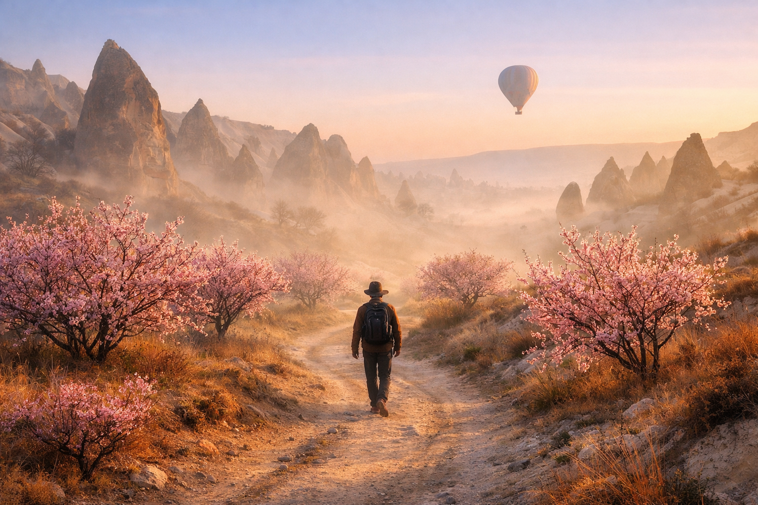 () atmospheric early morning scene of a single traveler walking alone through a quiet Cappadocia valley trail at golden