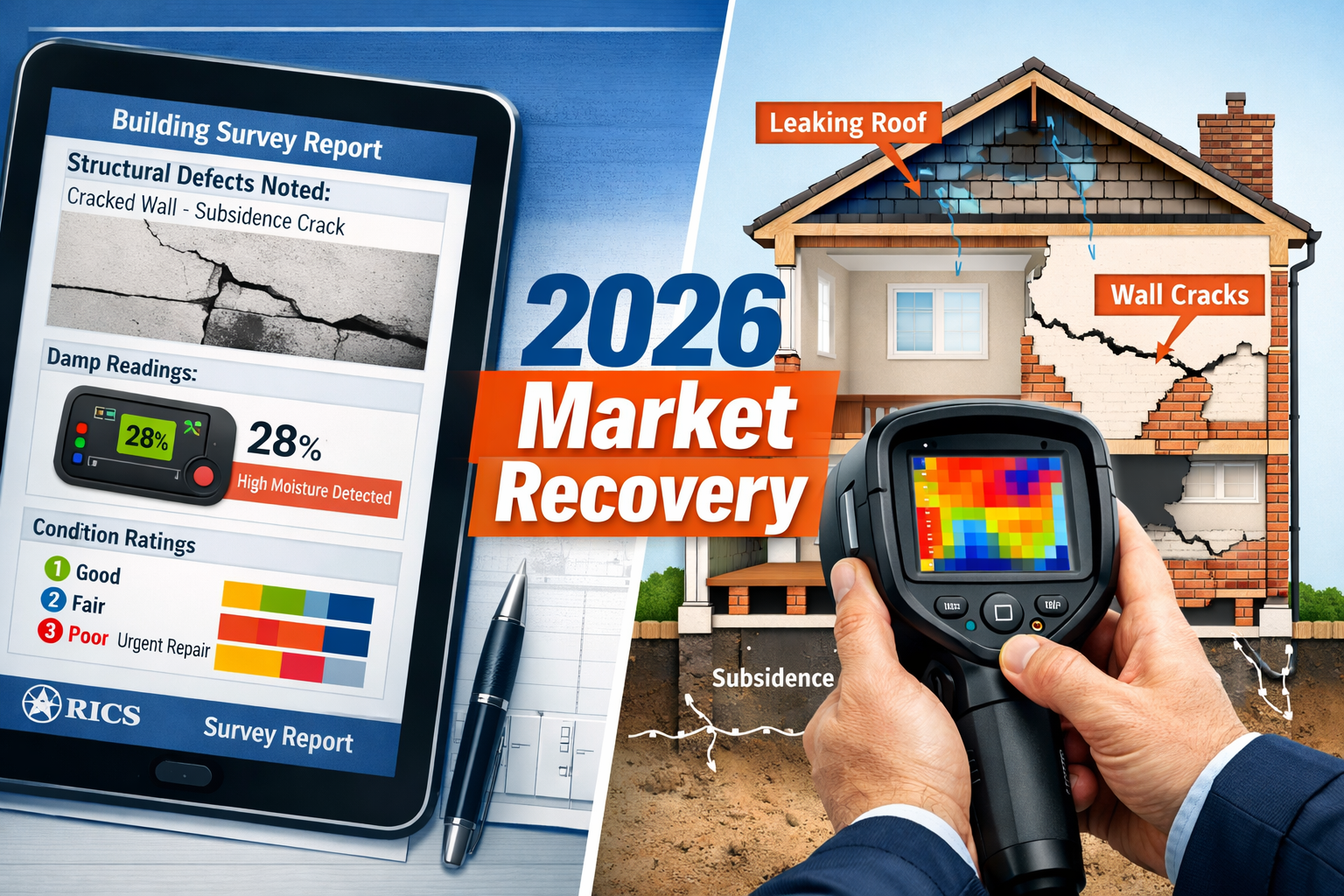 Landscape format (1536x1024) editorial image showing split-screen composition: left side displays detailed building survey report on tablet 