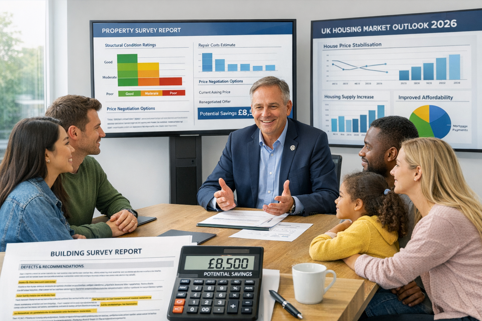 Landscape format (1536x1024) professional photograph of diverse UK homebuyers (young couple, family, first-time buyers) meeting with RICS ch