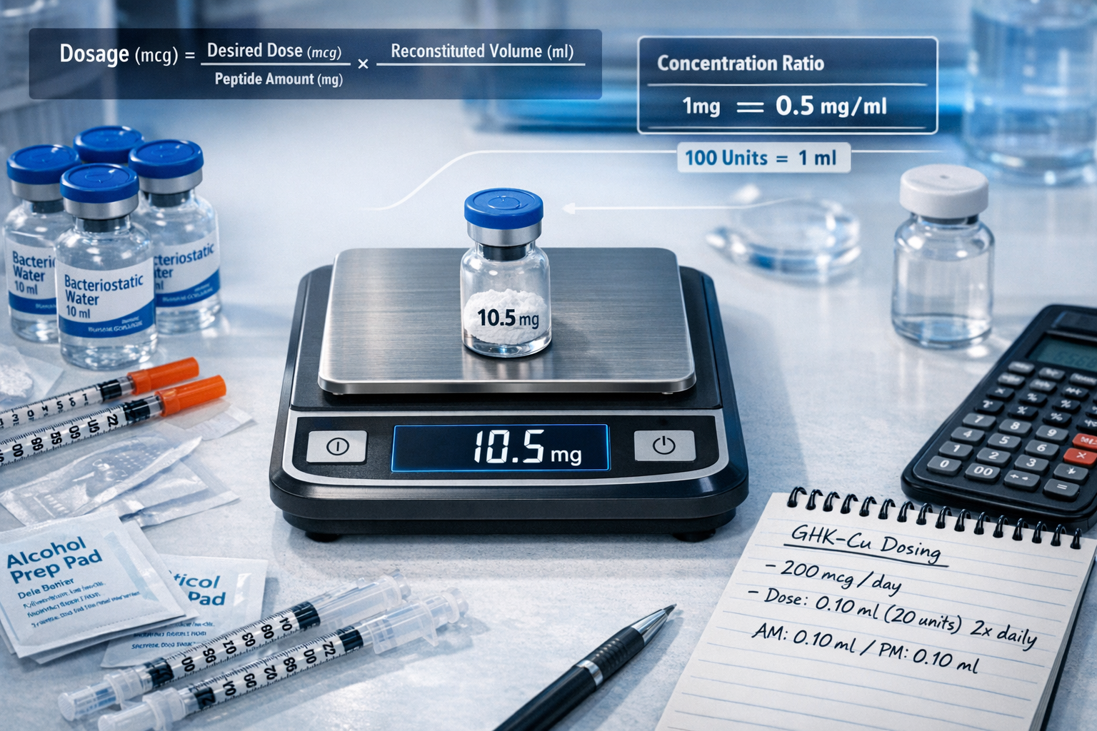 Landscape editorial image (1536x1024) depicting GHK-Cu dosing calculation workspace with scientific precision theme. Central focus on digita