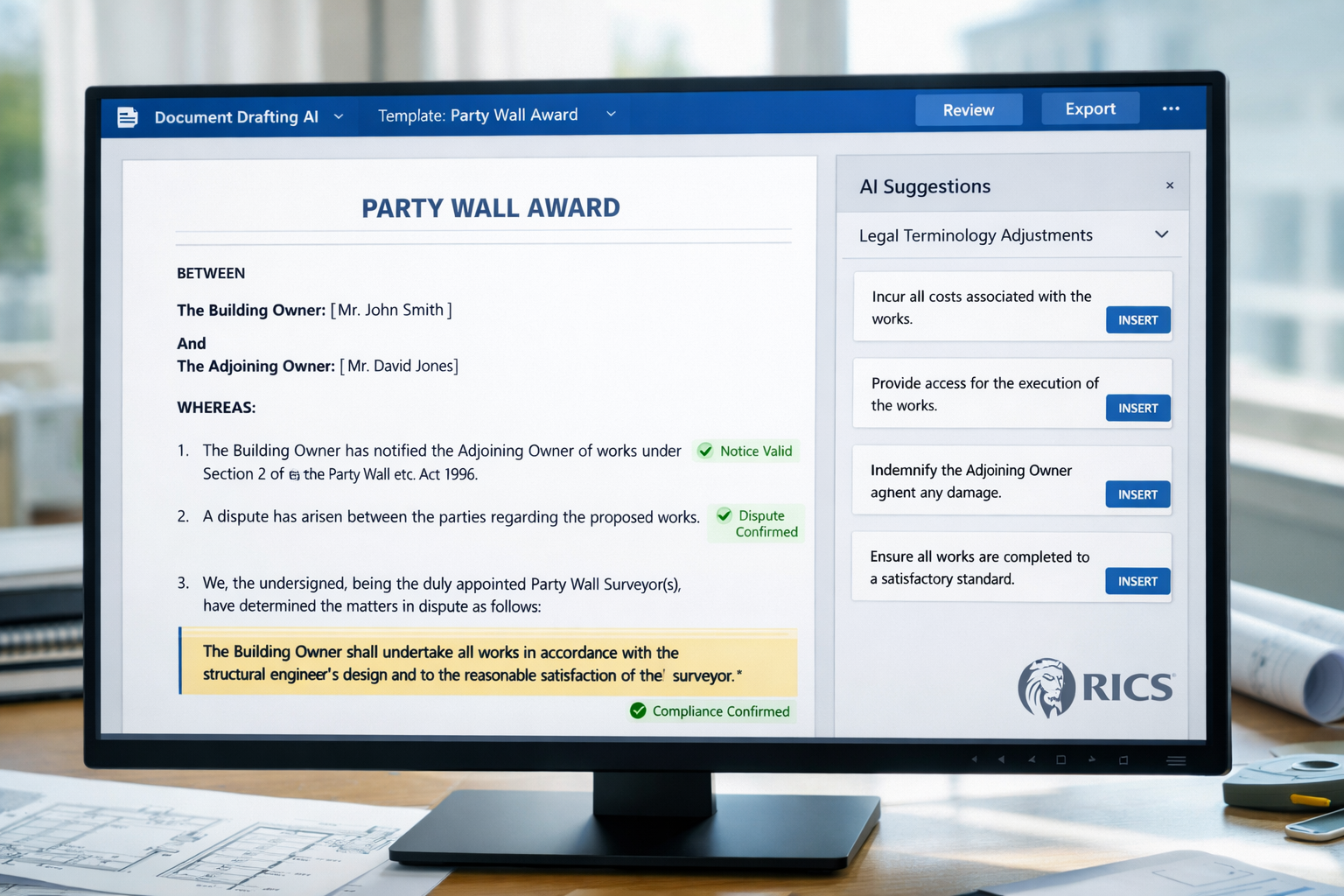 () editorial image showing close-up of computer screen displaying AI-powered document drafting interface with party wall