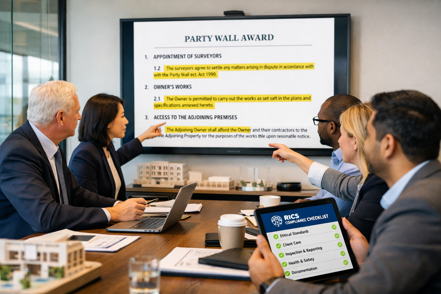 () realistic photograph of diverse team of chartered surveyors in modern conference room conducting quality review meeting,