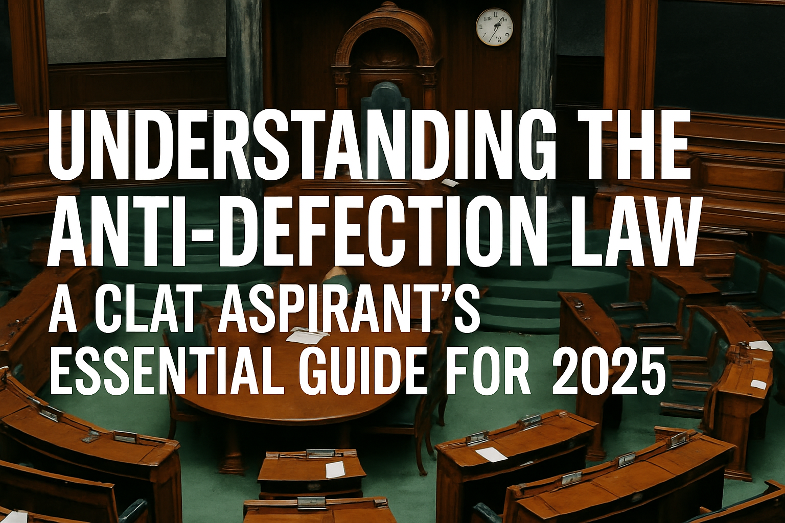 Professional landscape hero image (1536x1024) with bold text overlay: "Understanding the Anti-Defection Law: A CLAT Aspirant's Essential Gui