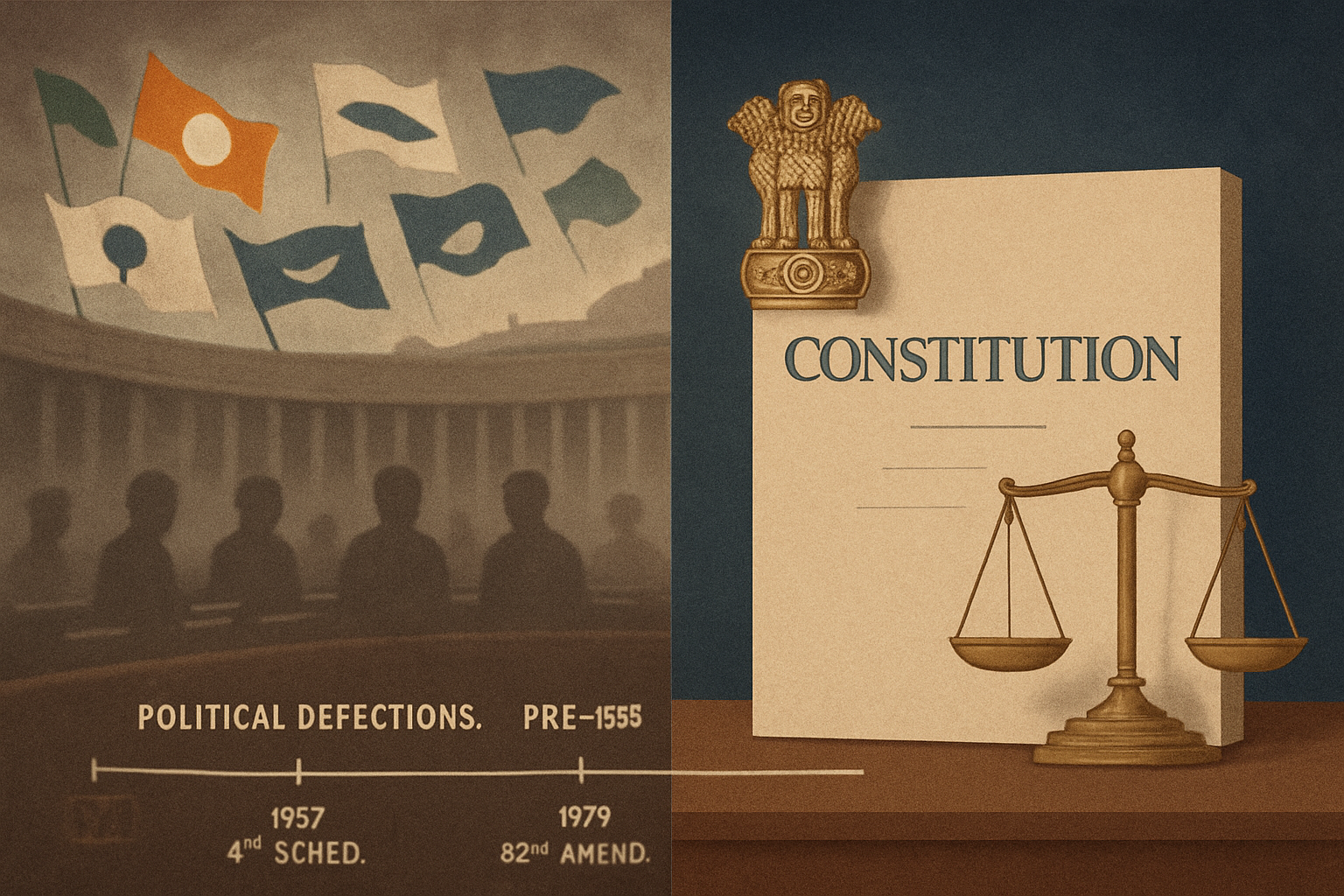 Dramatic constitutional illustration depicting the genesis of the Anti-Defection Law, showing a symbolic Indian parliamentary chamber transf