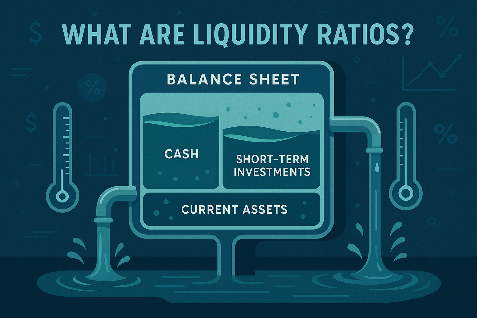 What Are Liquidity Ratios section image: Conceptual illustration depicting a corporate balance sheet transforming into a dynamic water reser