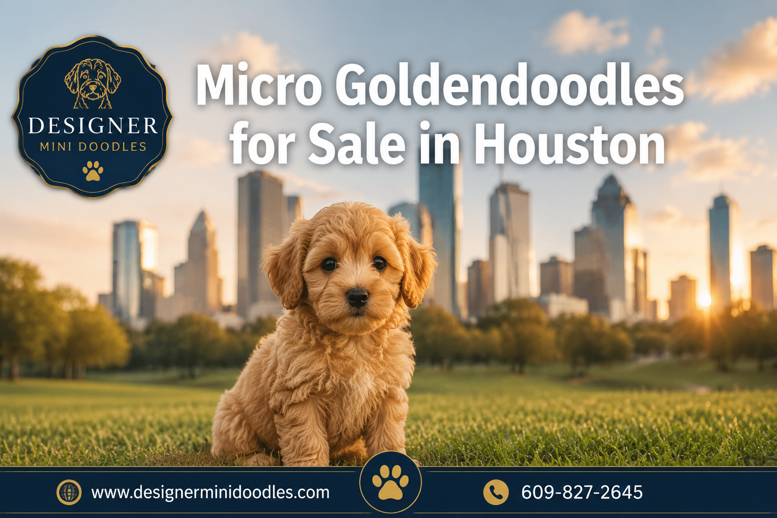 Professional () hero image with : 'Micro Goldendoodles for Sale in Houston', centered in upper third. Background shows a