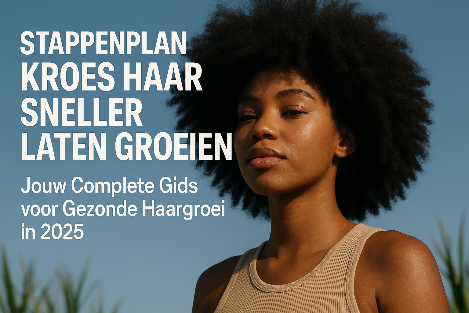 Stappenplan Kroes Haar Sneller Laten Groeien: Jouw Complete Gids voor Gezonde Haargroei. 1 Professional landscape hero image (1536x1024) with bold text overlay: "Stappenplan Kroes Haar Sneller Laten Groeien: Jouw Complete Gids voor