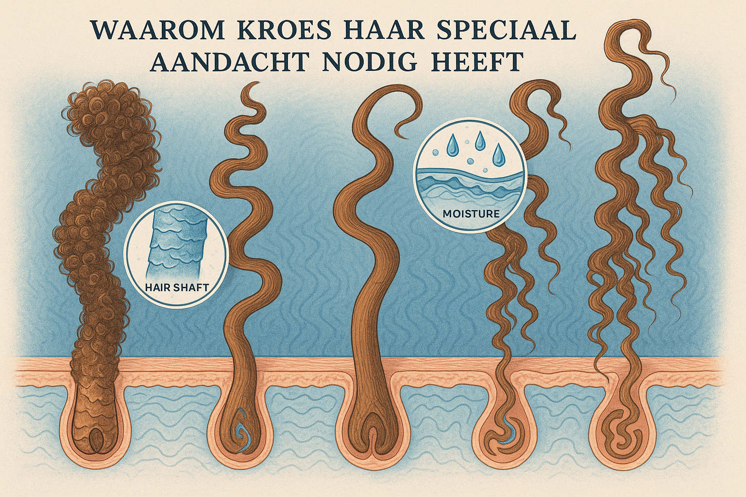Stappenplan Kroes Haar Sneller Laten Groeien: Jouw Complete Gids voor Gezonde Haargroei. 3 Conceptual illustration for 'Waarom Kroes Haar Speciale Aandacht Nodig Heeft' section, depicting a diverse range of curly hair textures and