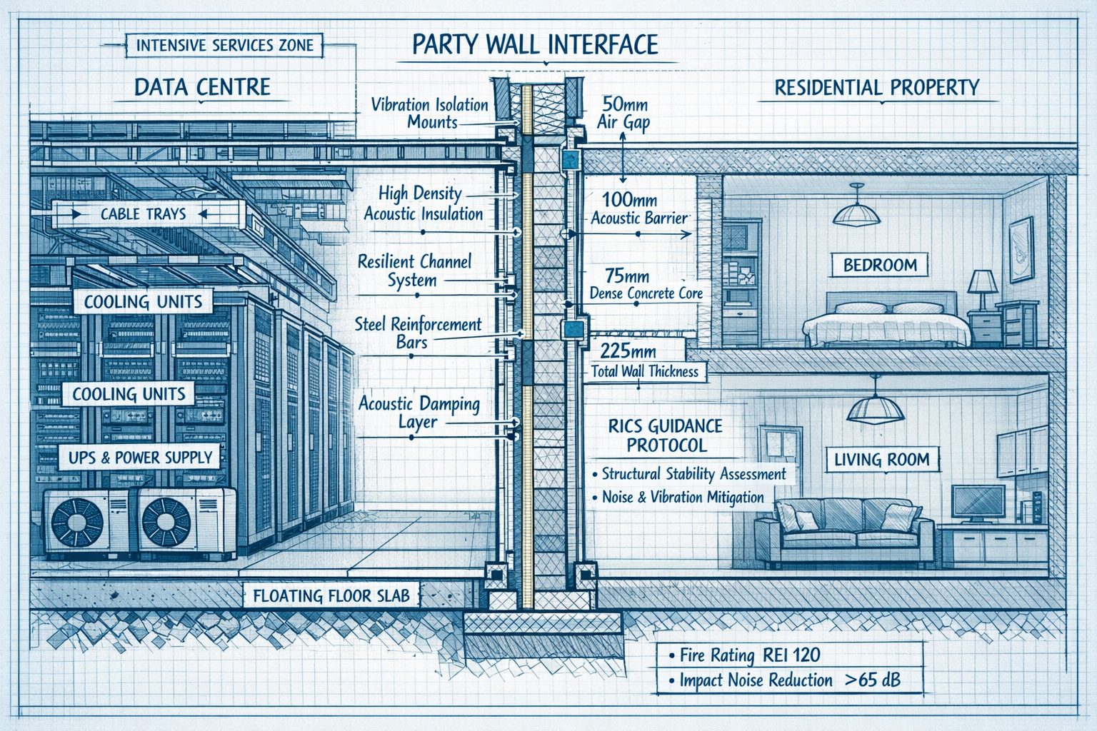 Detailed () image showing cross-section technical illustration of data centre party wall interface with adjacent property.