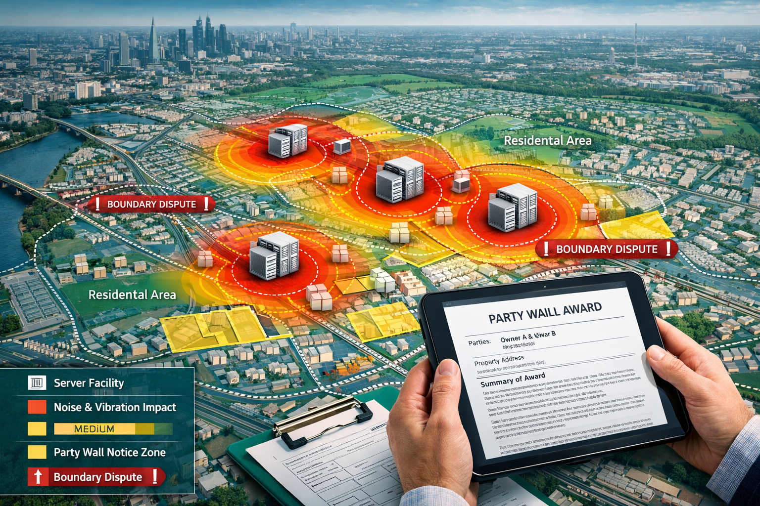 Detailed () image depicting urban planning map view of UK data centre hotspot area showing multiple facility locations