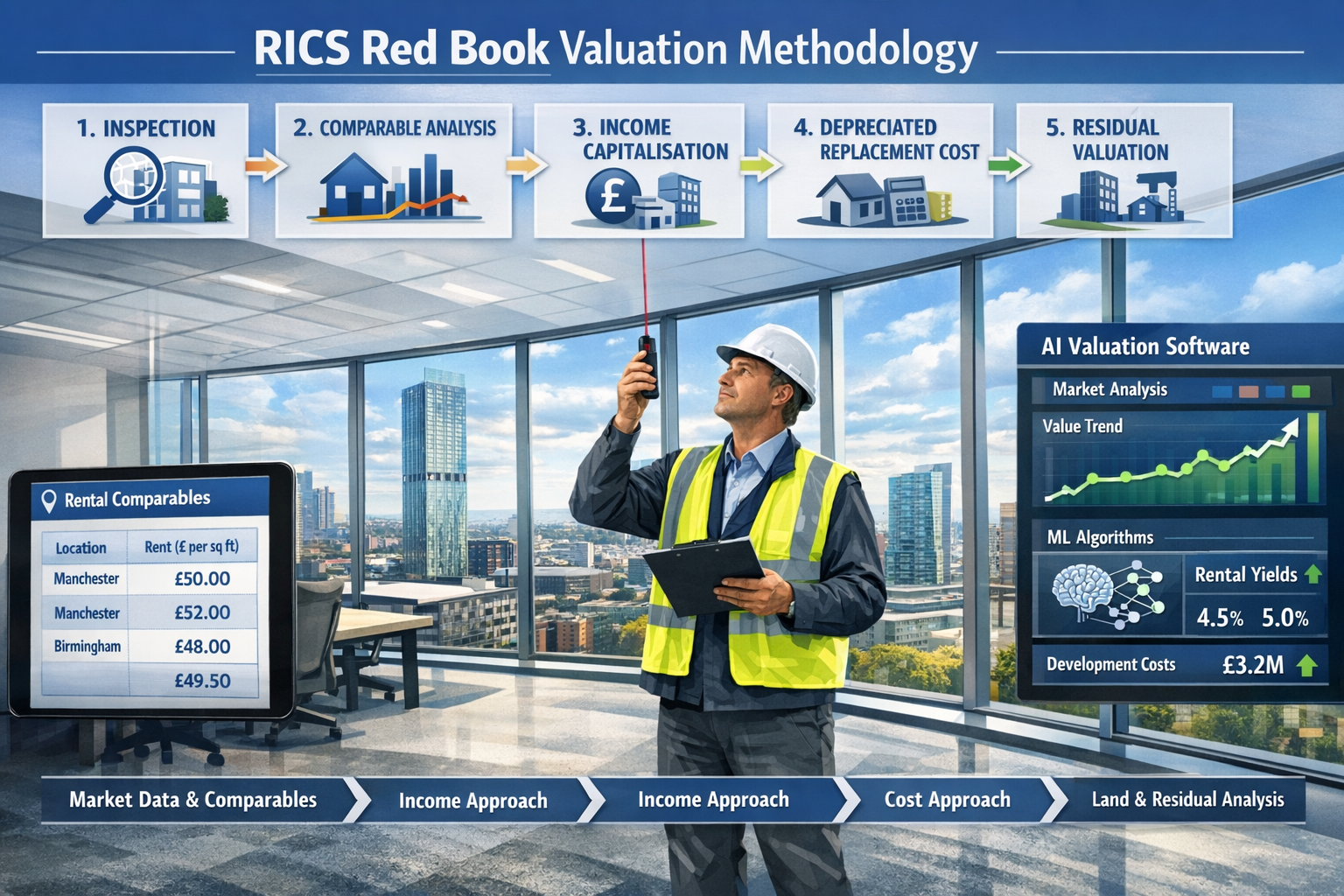 () detailed infographic showing RICS Red Book valuation methodology flowchart with five distinct stages: inspection,