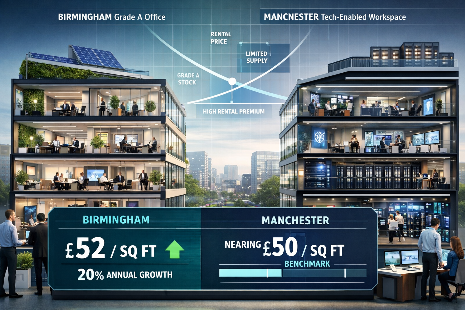 () architectural visualization showing cross-section comparison of two premium office buildings side-by-side: Birmingham's