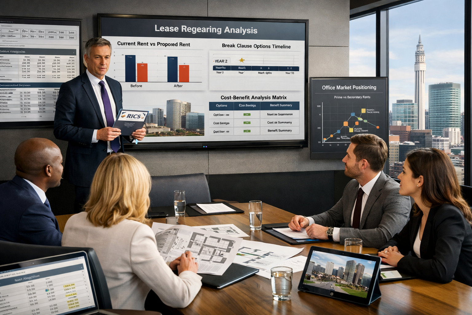 () professional business scene showing RICS chartered surveyor presenting valuation report to corporate occupier team in