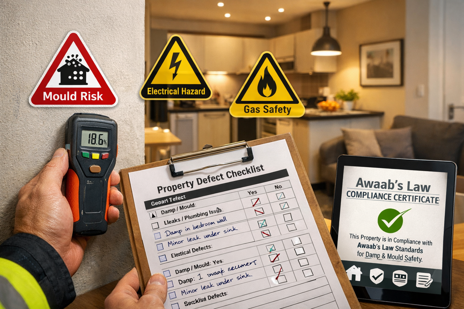 Detailed () image showing professional surveyor conducting comprehensive stock condition survey inside rental property,