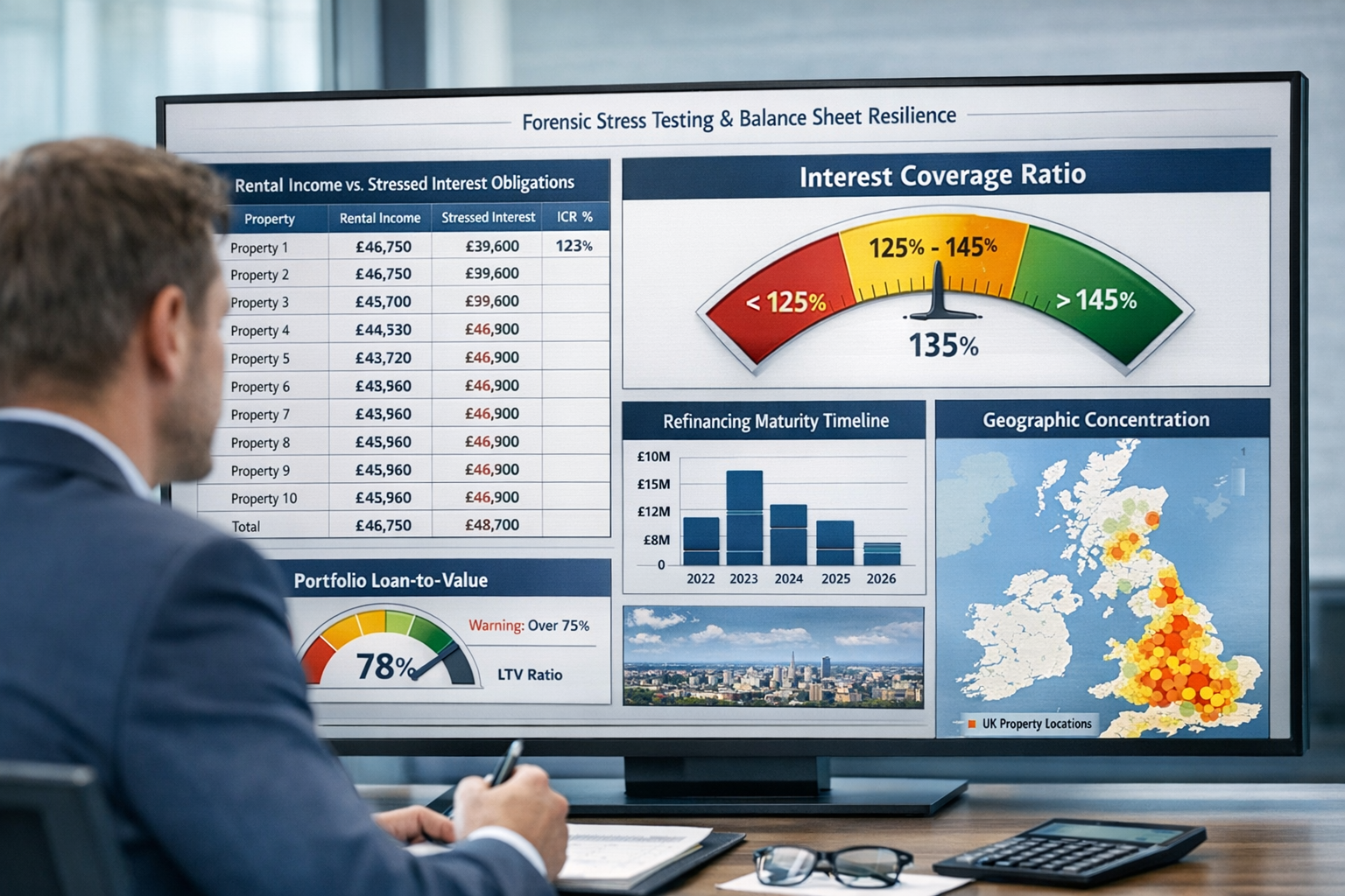 () financial risk assessment dashboard display showing multiple property portfolio analytics, large monitor displaying