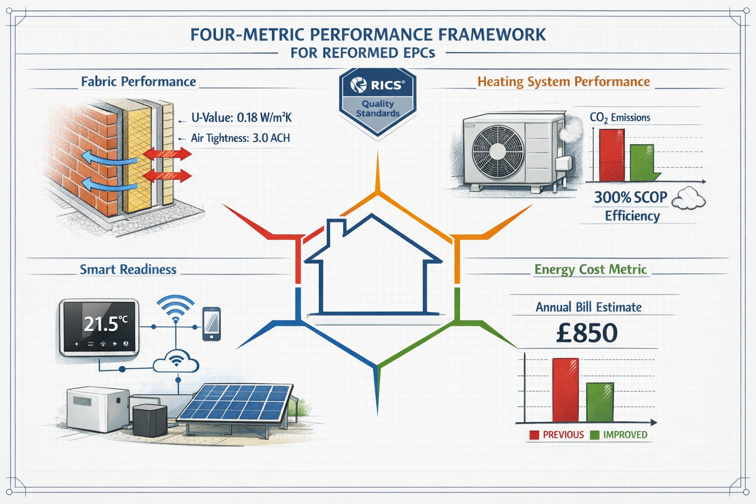 Landscape format (1536x1024) technical illustration displaying the four-metric performance framework for reformed EPCs in quadrant layout. T