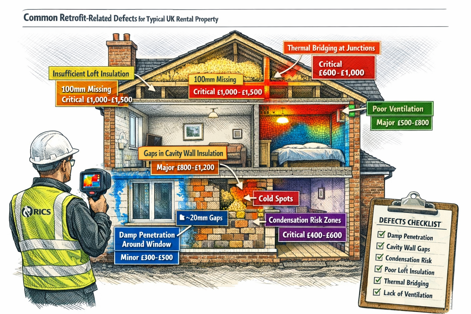 Landscape format (1536x1024) comprehensive defect identification guide showing split-level cutaway view of typical UK rental property with c