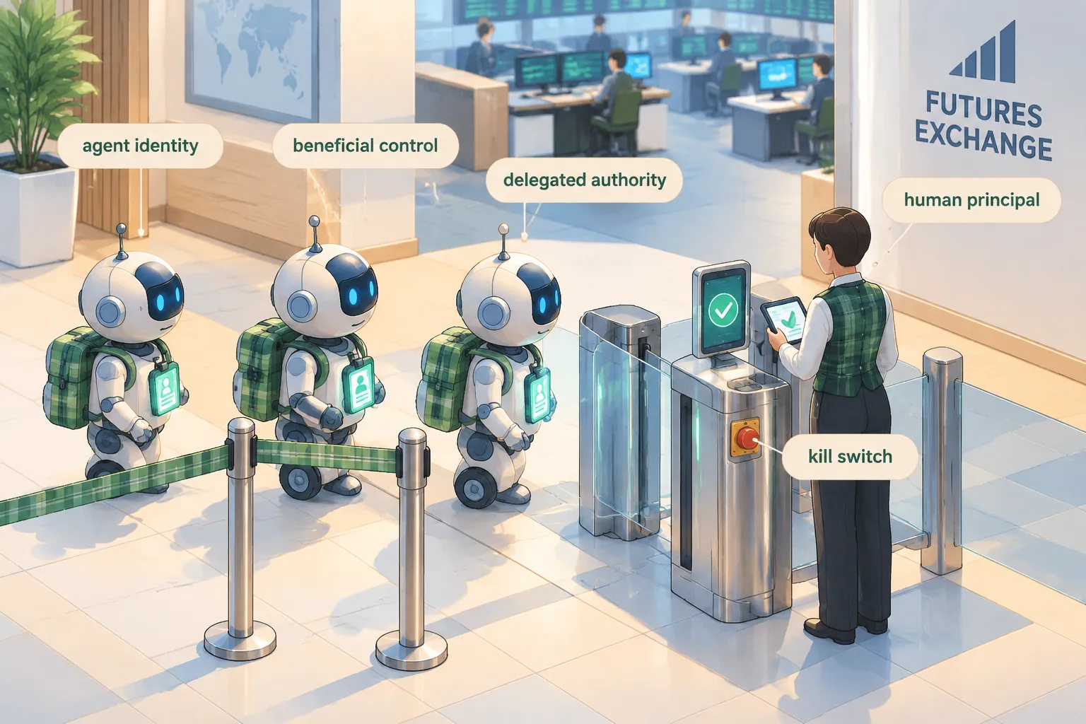 Know Your Agent checkpoint where AI trading agents show ID badges before entering a futures exchange