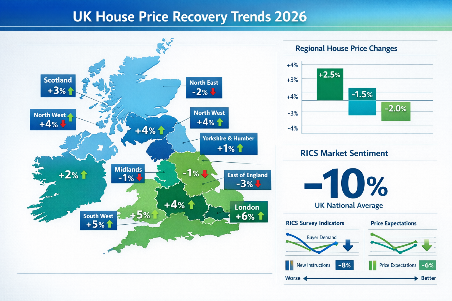 () detailed infographic showing UK regional house price recovery trends map for 2026, with color-coded regions indicating