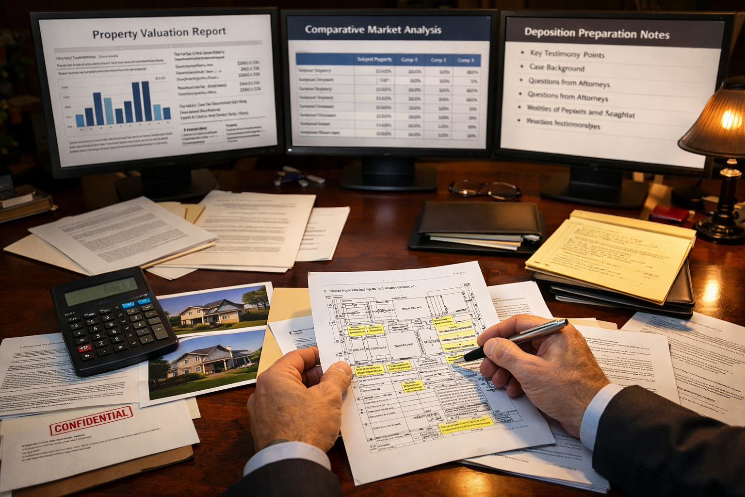() professional scene showing expert witness preparing testimony documents at desk, multiple screens displaying property