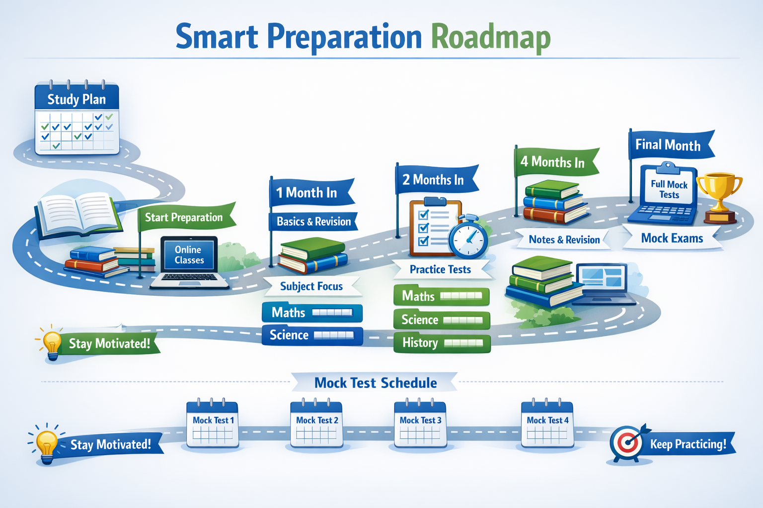 Landscape format (1536x1024) study strategy roadmap infographic showing smart preparation timeline with milestone markers, subject-wise prep