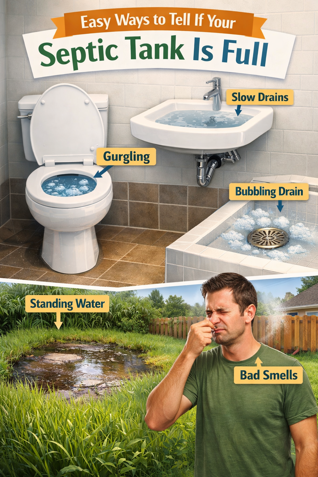 Editorial infographic-style image focused on early warning signs for Easy Ways to Tell If Your Septic Tank Is Full. Show a