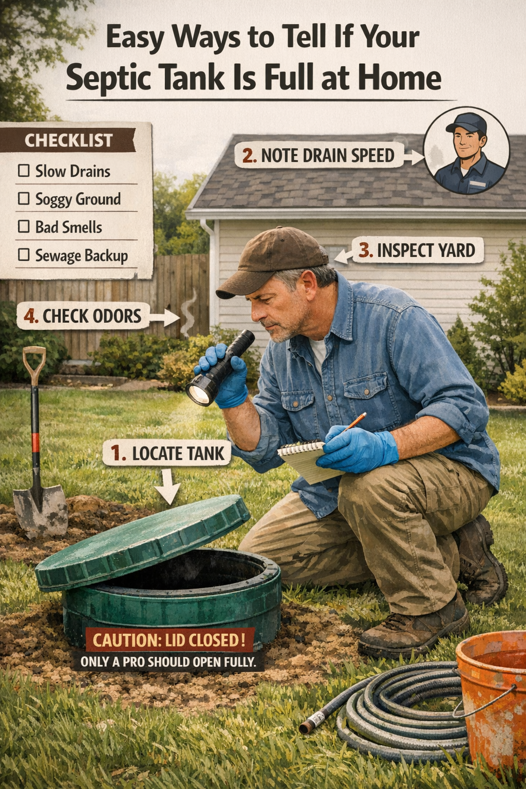 Editorial step-by-step homeowner inspection scene for Easy Ways to Tell If Your Septic Tank Is Full at Home. Show a