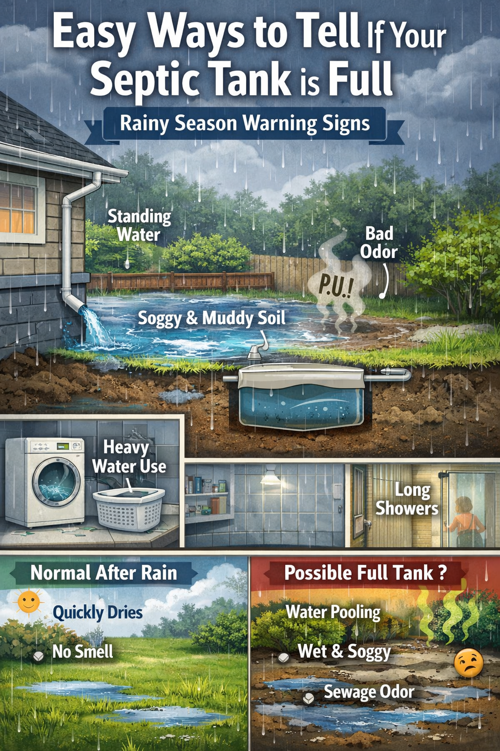 Seasonal comparison illustration for Easy Ways to Tell If Your Septic Tank Is Full, centered on rainy season septic warning