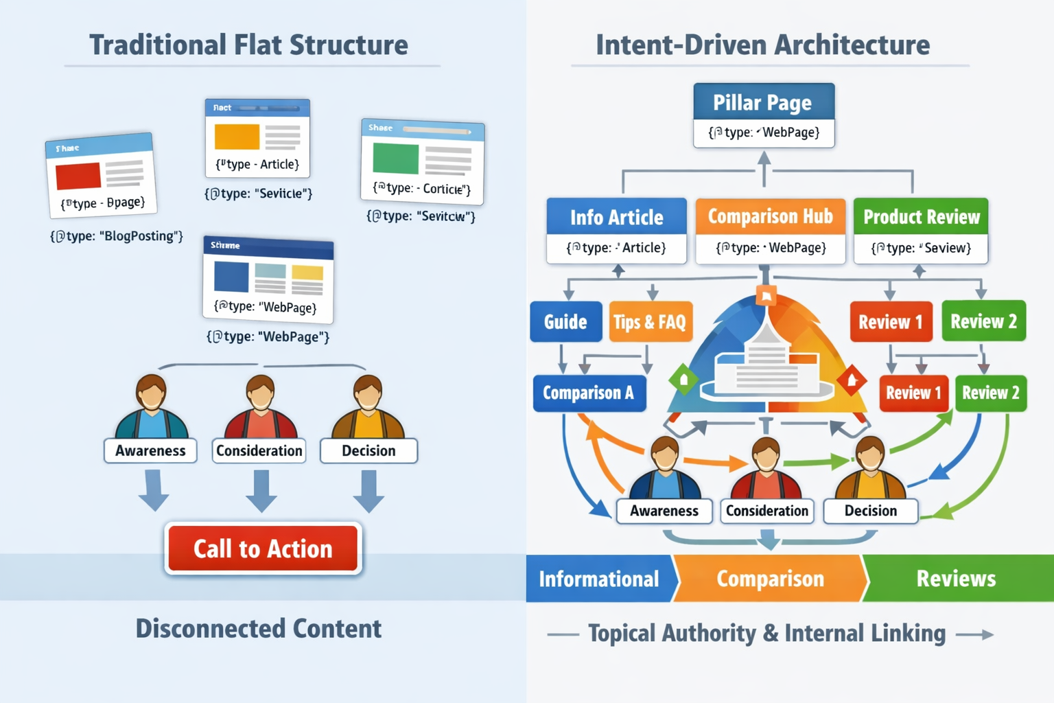 Detailed () illustration showing split-screen comparison: left side displays traditional flat website structure with