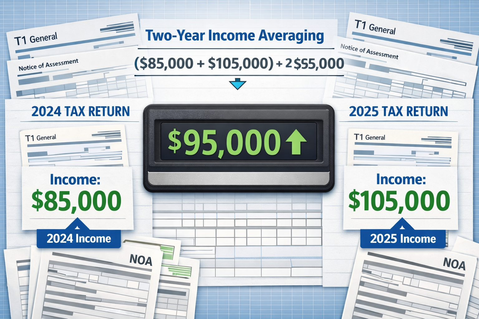() detailed illustration showing two-year income averaging calculation methodology. Split-screen composition: left side