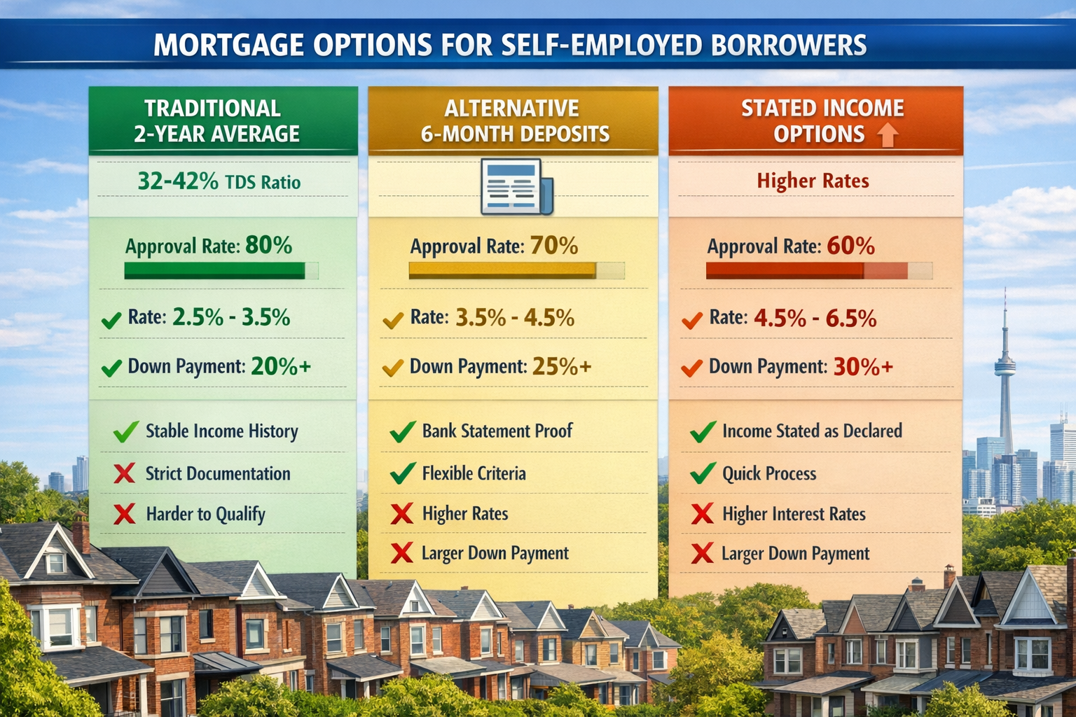 () strategic comparison chart showing three mortgage qualification pathways for self-employed borrowers. Three vertical