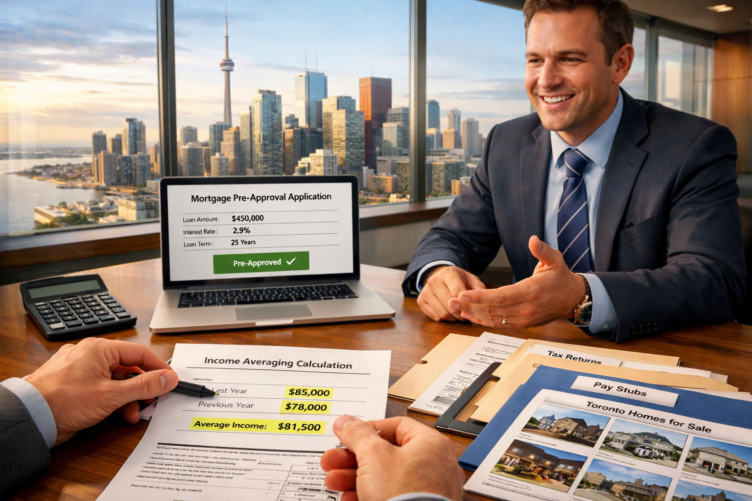 () action-oriented scene showing self-employed professional meeting with mortgage broker in modern Toronto office. Wide desk