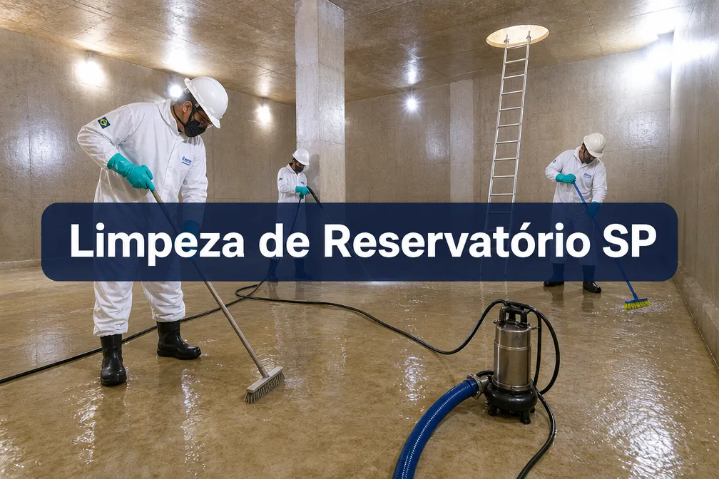 Professional () hero image with (≤42 chars): 'Limpeza de Reservatório SP', white on a deep navy semi-transparent panel