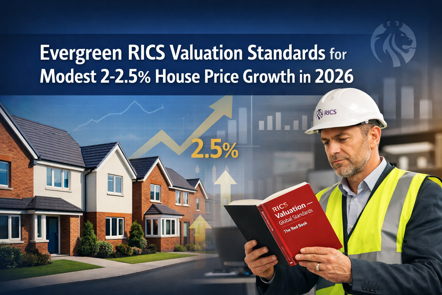Professional () hero image with 'Evergreen RICS Valuation Standards for Modest 2-2.5% House Price Growth in 2026' in extra
