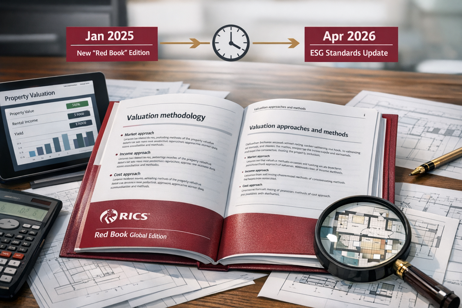 Detailed () editorial image showing close-up of RICS Red Book Global Standards document opened to valuation methodology