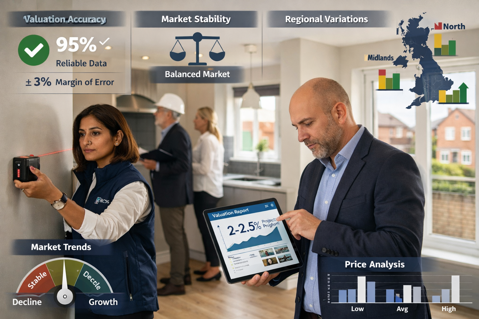Wide-angle () professional photograph of diverse team of RICS chartered surveyors conducting property valuation assessment