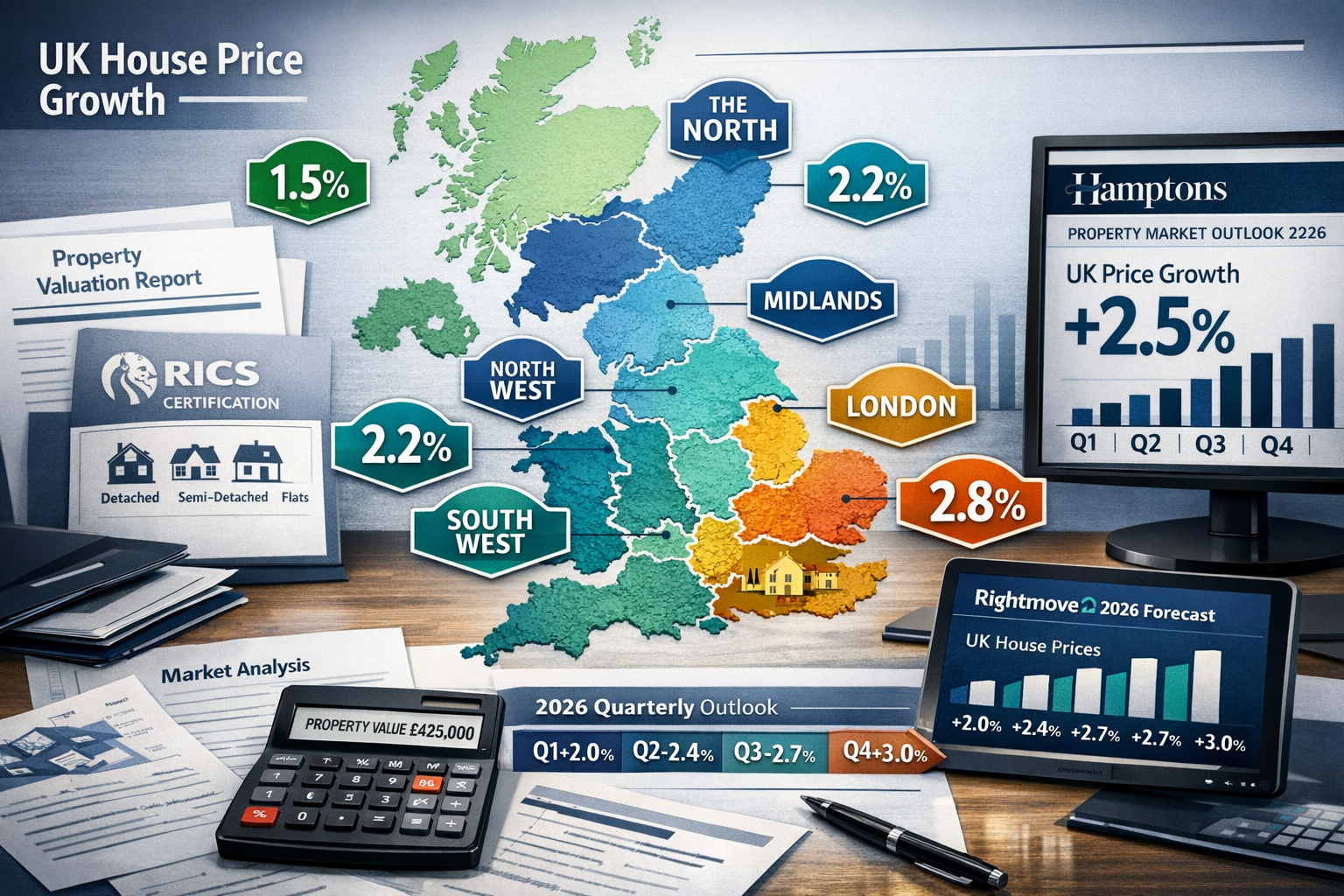 Detailed () infographic-style editorial image showing UK map with regional house price growth variations color-coded from