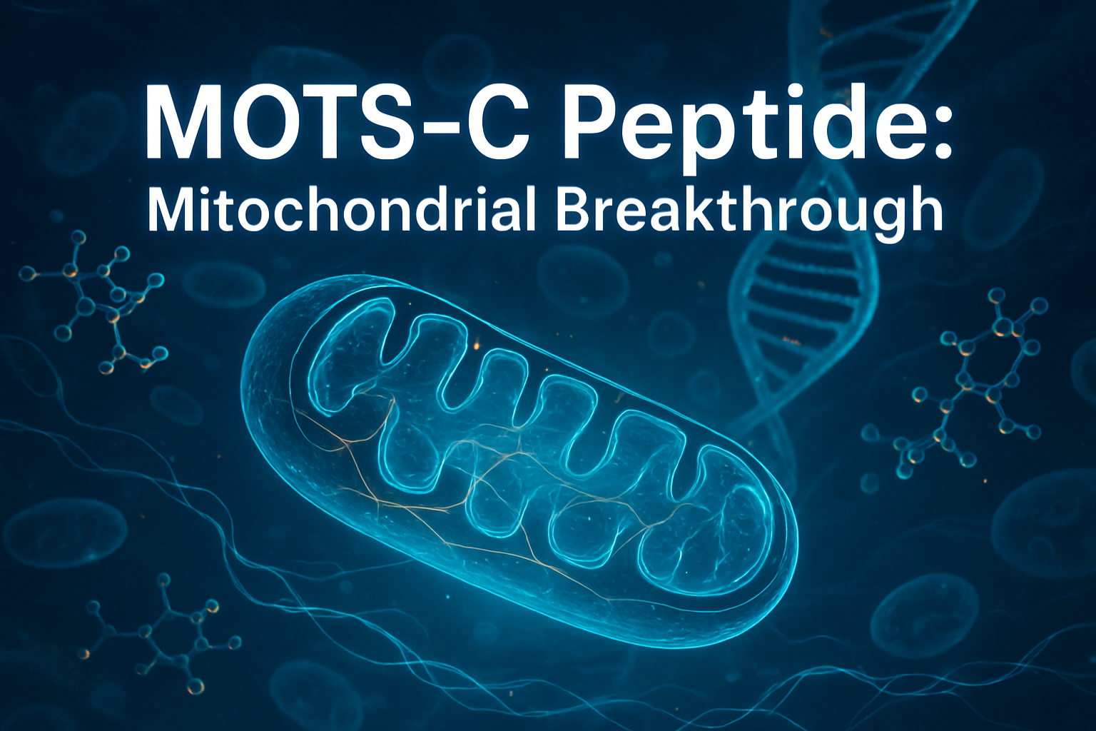 Professional landscape hero image (1536x1024) featuring bold text overlay 'MOTS-C Peptide: Mitochondrial Breakthrough' in extra large 72pt w