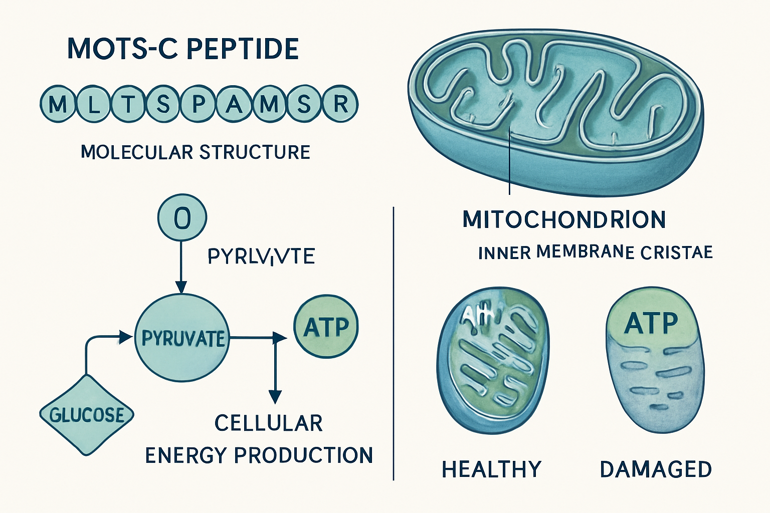 Detailed scientific illustration showing MOTS-C peptide molecular structure with amino acid sequence highlighted, mitochondrial cross-sectio