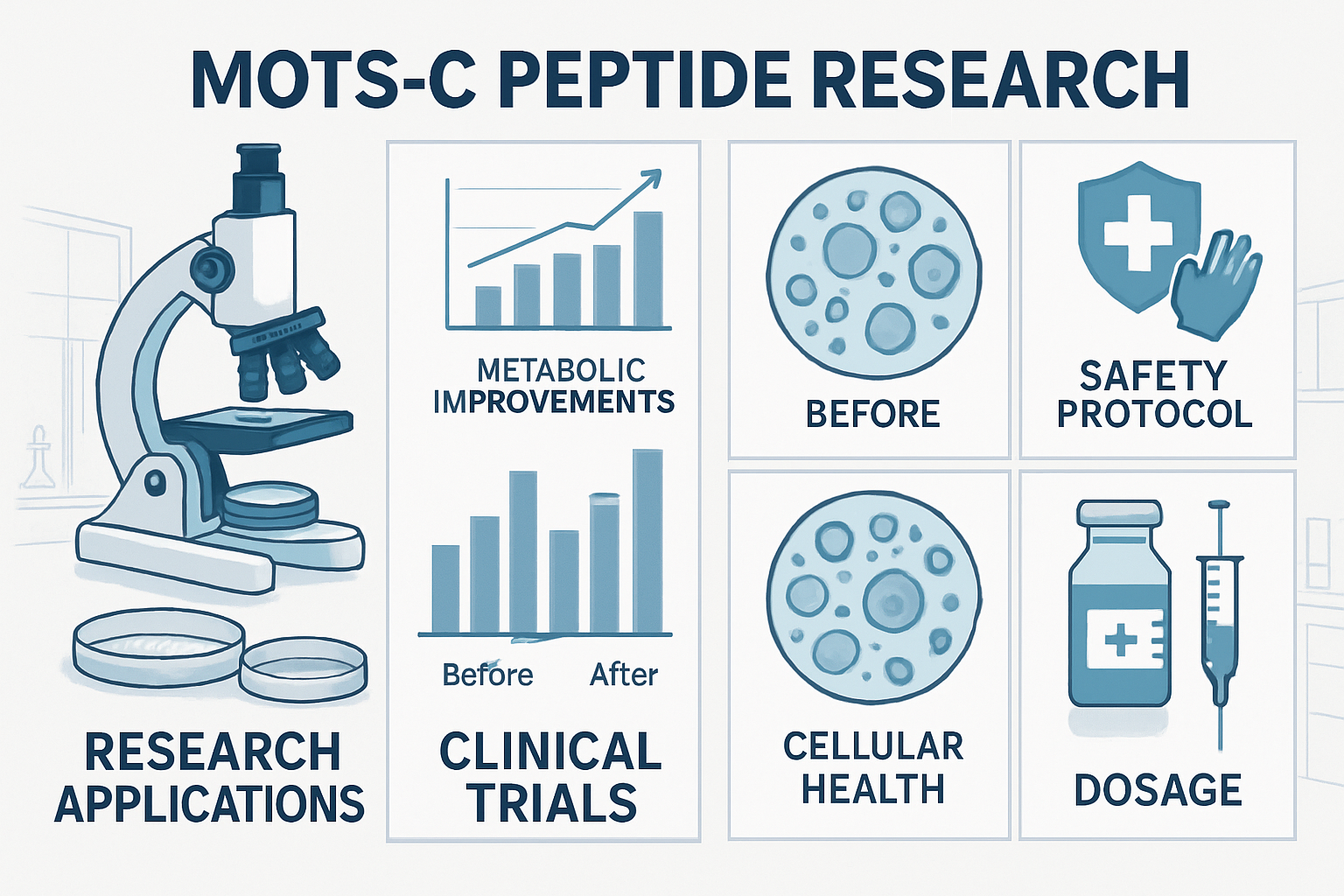 Comprehensive infographic displaying MOTS-C peptide research applications including laboratory equipment like microscopes and petri dishes, 