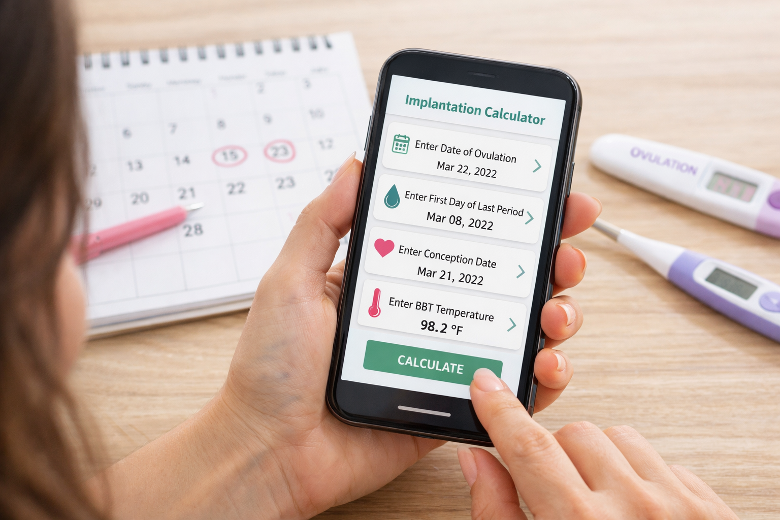 () image depicting various input methods for a conception implantation calculator. A woman holds a smartphone displaying a