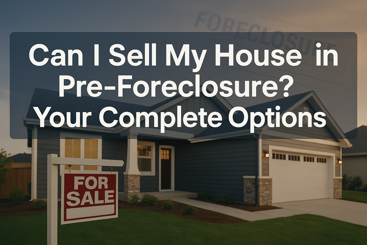 Professional landscape hero image (1536x1024) featuring bold text overlay 'Can I Sell My House in Pre-Foreclosure? Your Complete Options' in