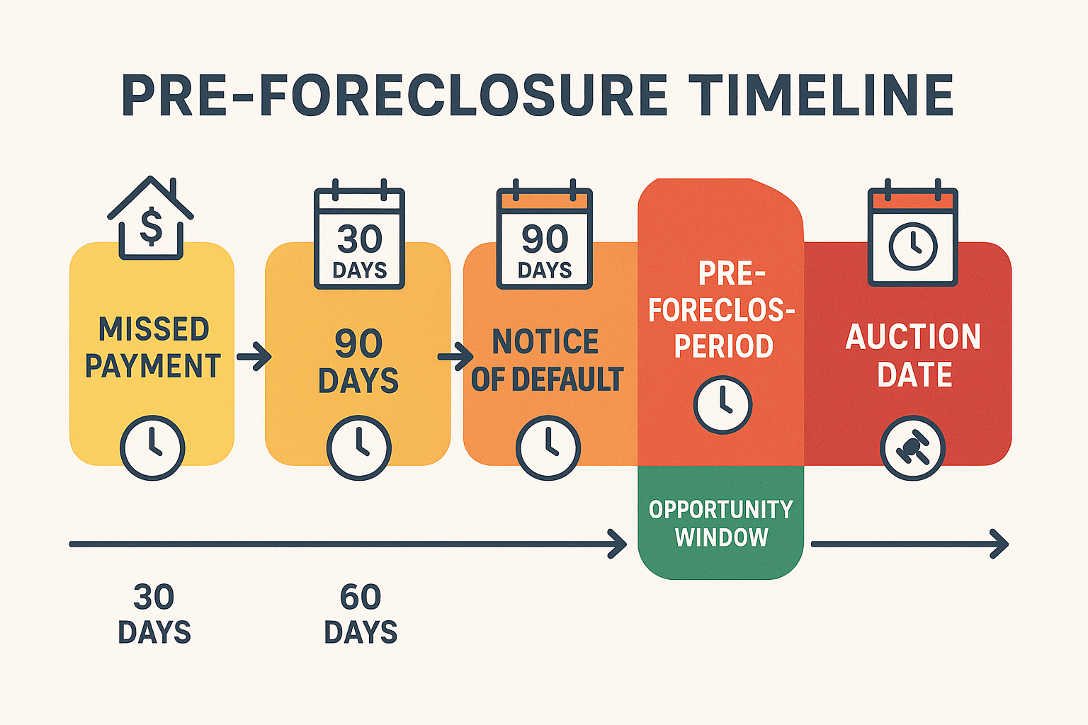 Detailed infographic-style image showing pre-foreclosure timeline from missed payment to foreclosure auction, displayed as horizontal flowch