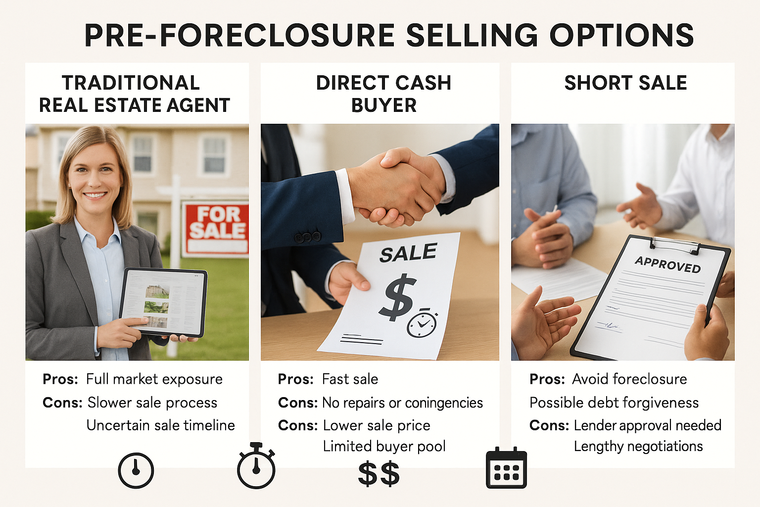Split-screen comparison image showing three distinct selling options during pre-foreclosure: left panel displays traditional real estate age