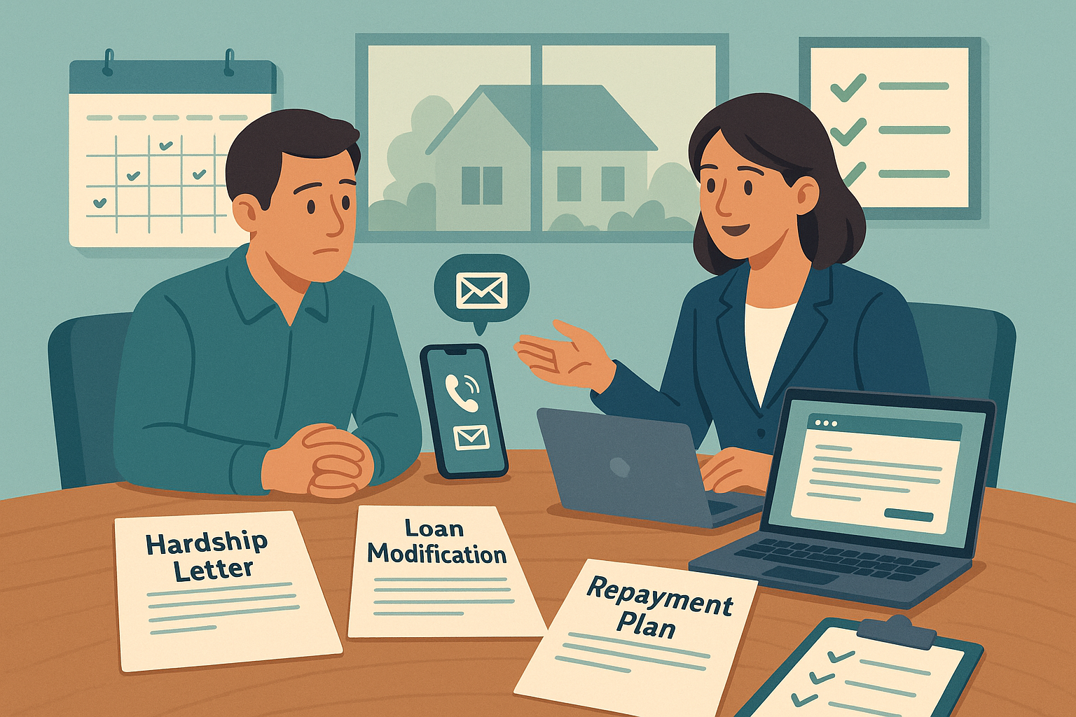 Conceptual illustration showing homeowner communication strategy with mortgage lender during pre-foreclosure, featuring professional busines