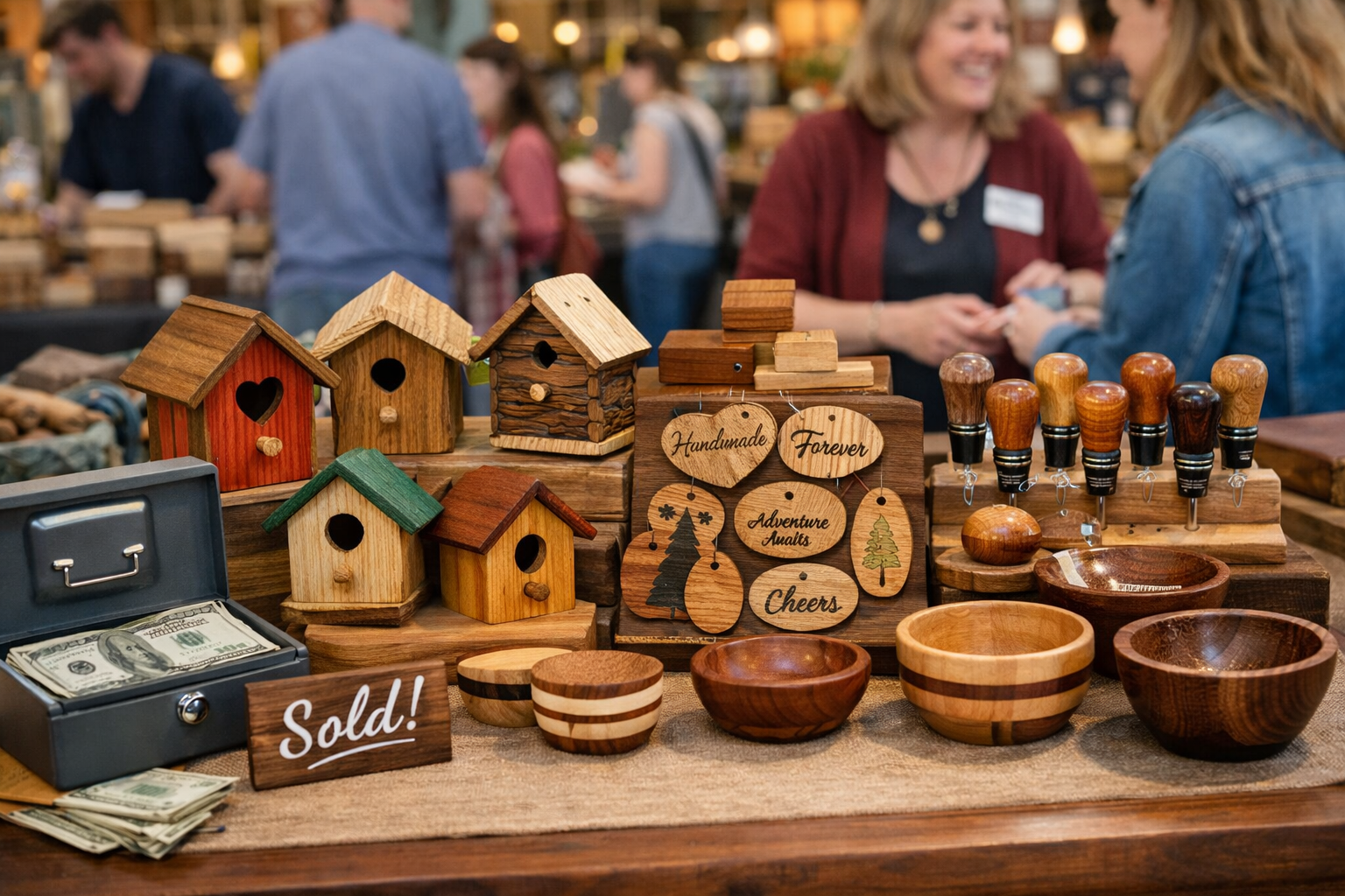 A detailed landscape format (1536x1024) image featuring a diverse collection of beautifully finished small wood items, such as miniature bir